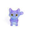 A 3D printed purple cat figurine with an articulated tail and yellow eyes.