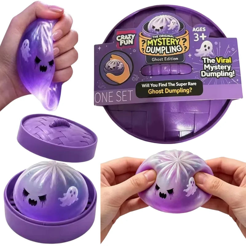 Purple Halloween themed sticky fidget dumpling set including a silicone toy and packaging