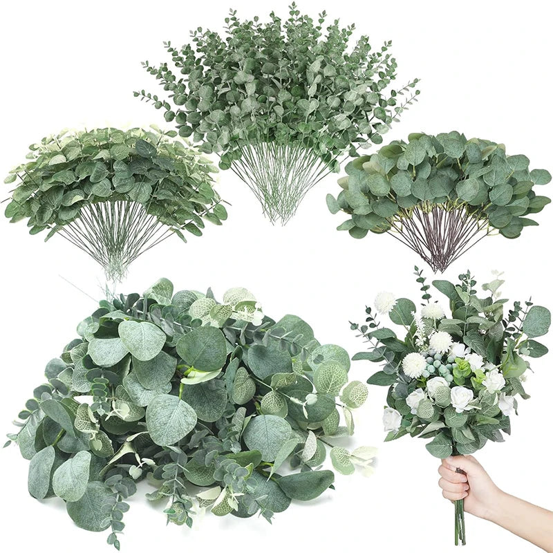 Eine Ansammlung grüner künstlicher Eukalyptusblätter in kreisförmiger Anordnung für Blumendekoration.