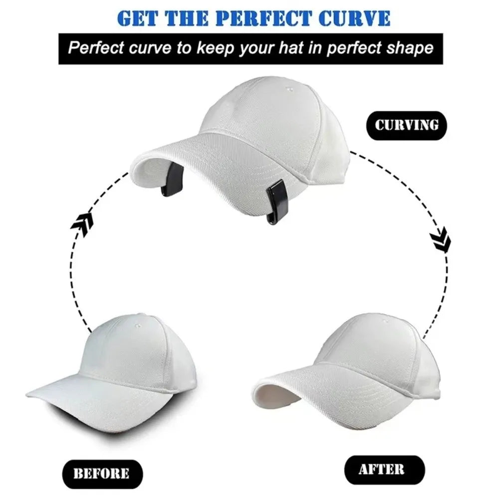 Before and after comparison of an adjustable hat brim shaper tool used to create a perfect curve in a hat.