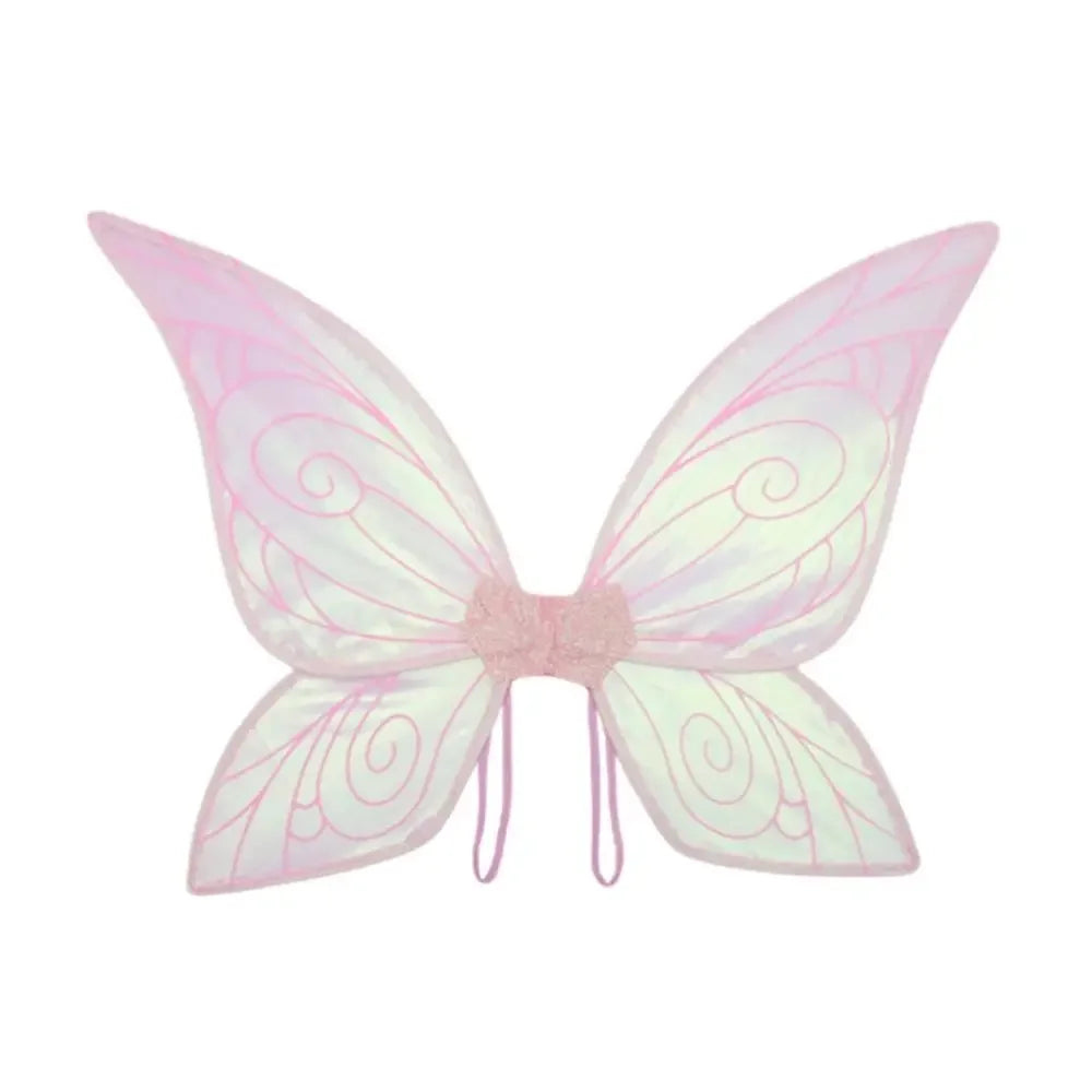 Pink sheer fairy wings with swirling patterns and a delicate pink floral crown