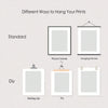 Different ways to hang prints including standard picture frames and DIY options like bulldog clips and pins