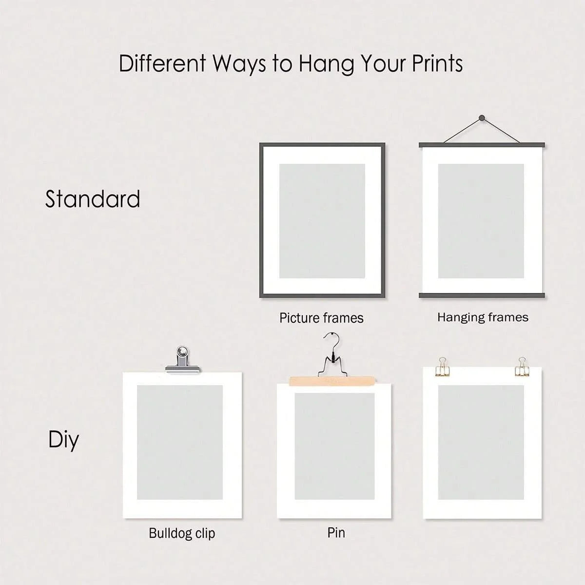 Different ways to hang prints including standard picture frames and DIY options like bulldog clips and pins