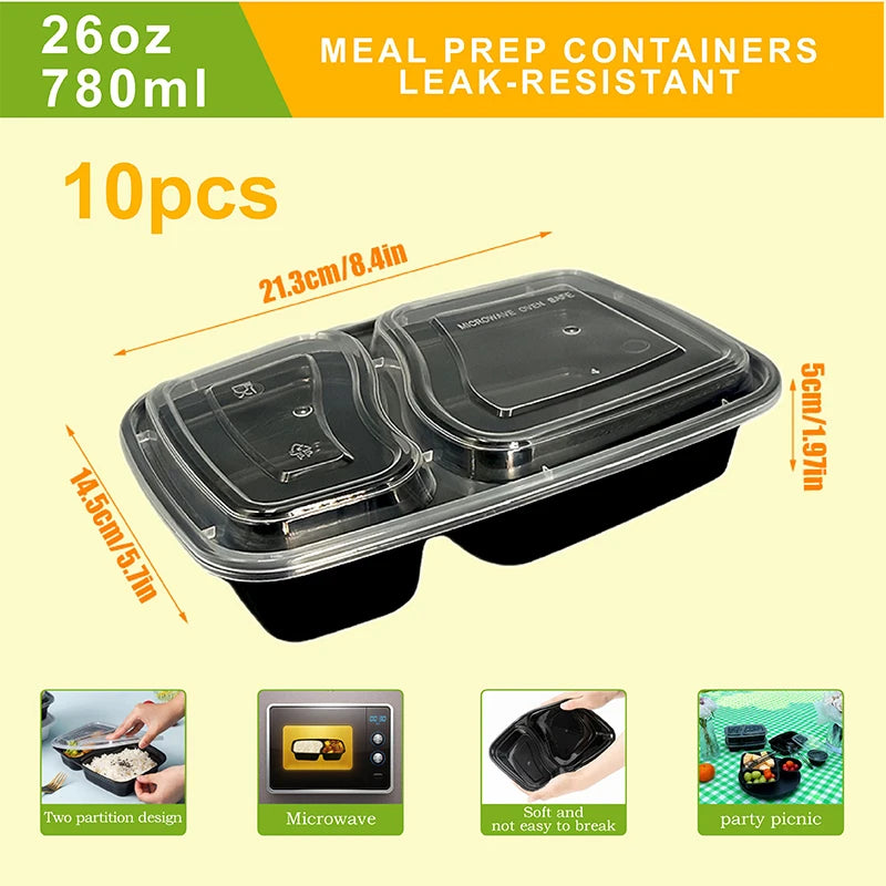 A set of 10 meal prep containers with lids, designed for leak-resistant food storage.