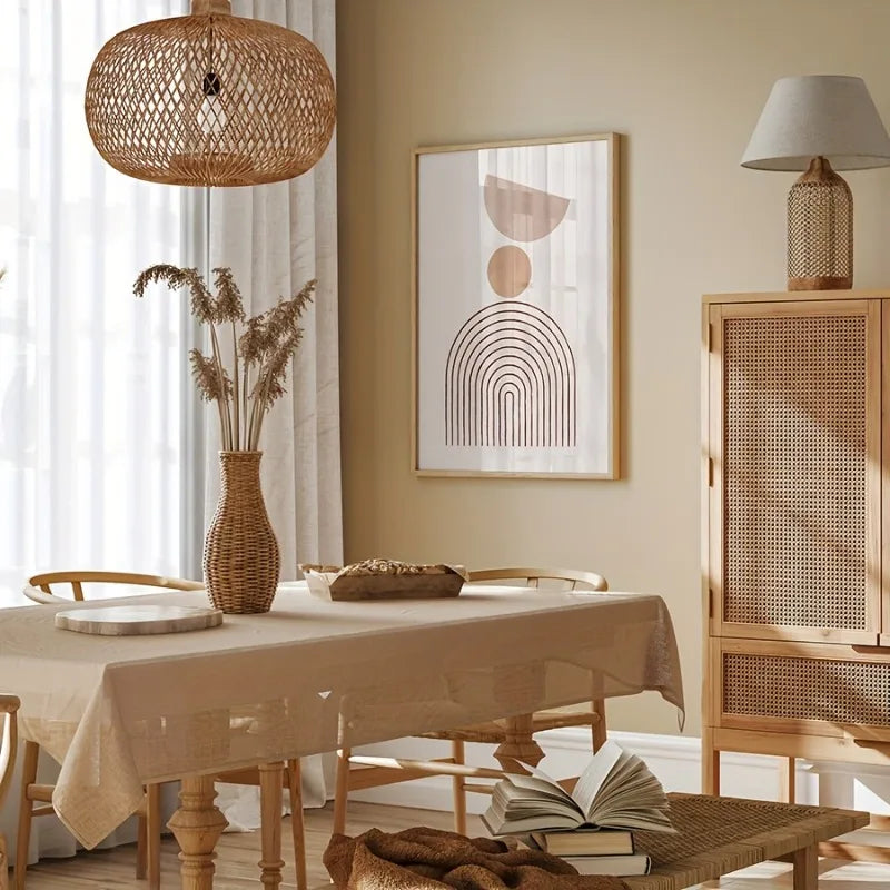 Drei abstrakte Leinwanddrucke auf einem Holztable mit natürlichem Licht und Dekoration.