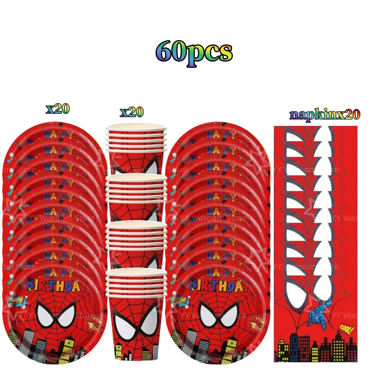 A set of 60 pieces of red and black superhero themed party tableware, including plates and cups.