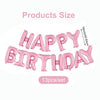 A string of pink foil letter balloons spelling HAPPY BIRTHDAY for birthday decoration