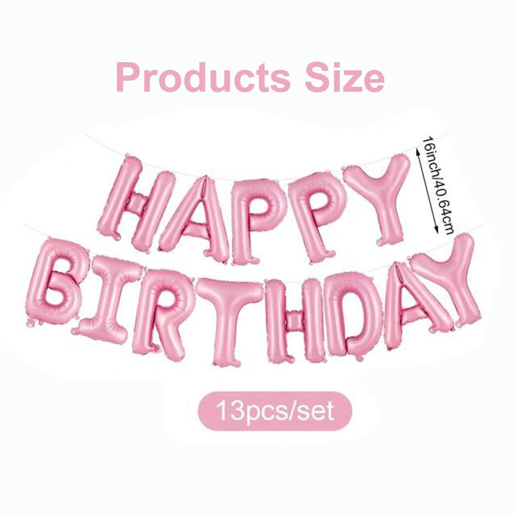 A string of pink foil letter balloons spelling HAPPY BIRTHDAY for birthday decoration