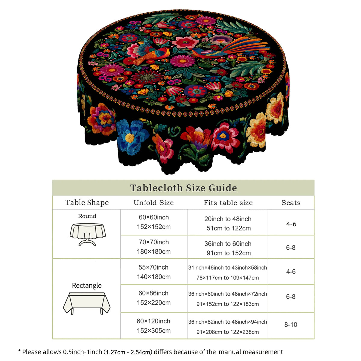 A round tablecloth featuring vibrant floral embroidery in pink, orange, and green tones.