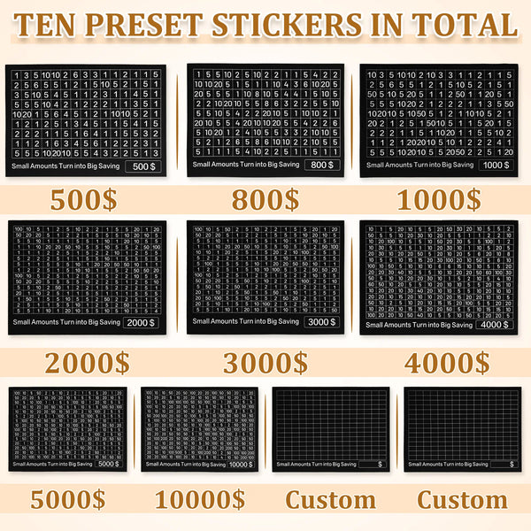 Ten preset stickers in total for a rustic wooden piggy bank for savings goals