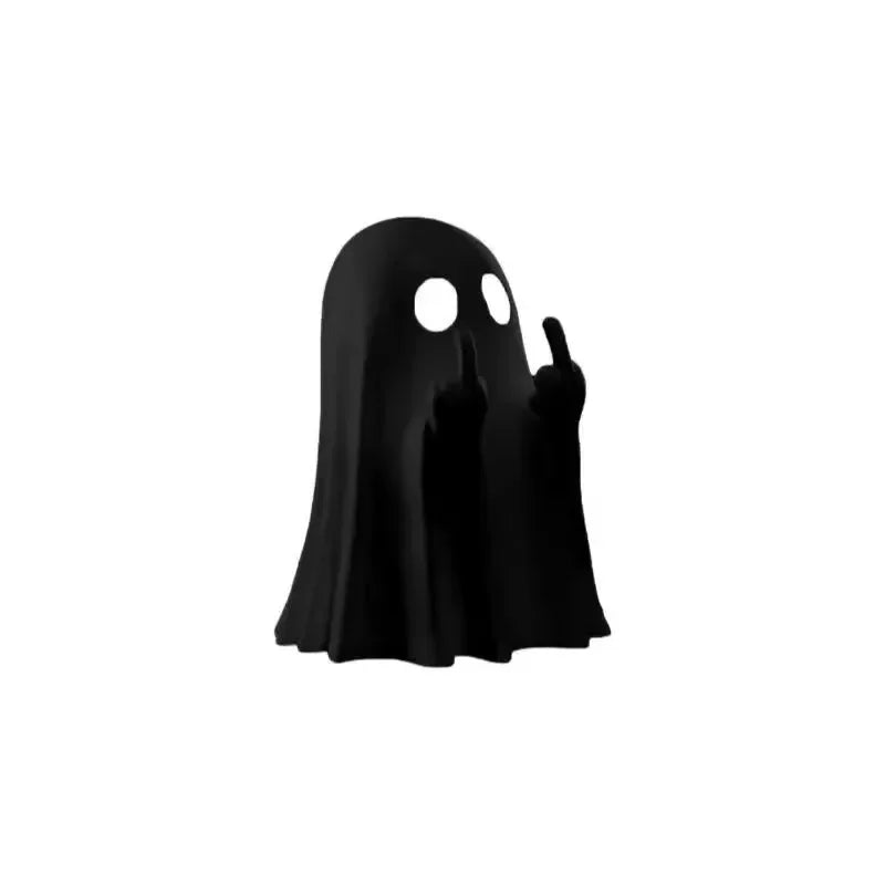 A black glow-in-the-dark ghost figurine with a playful pose.