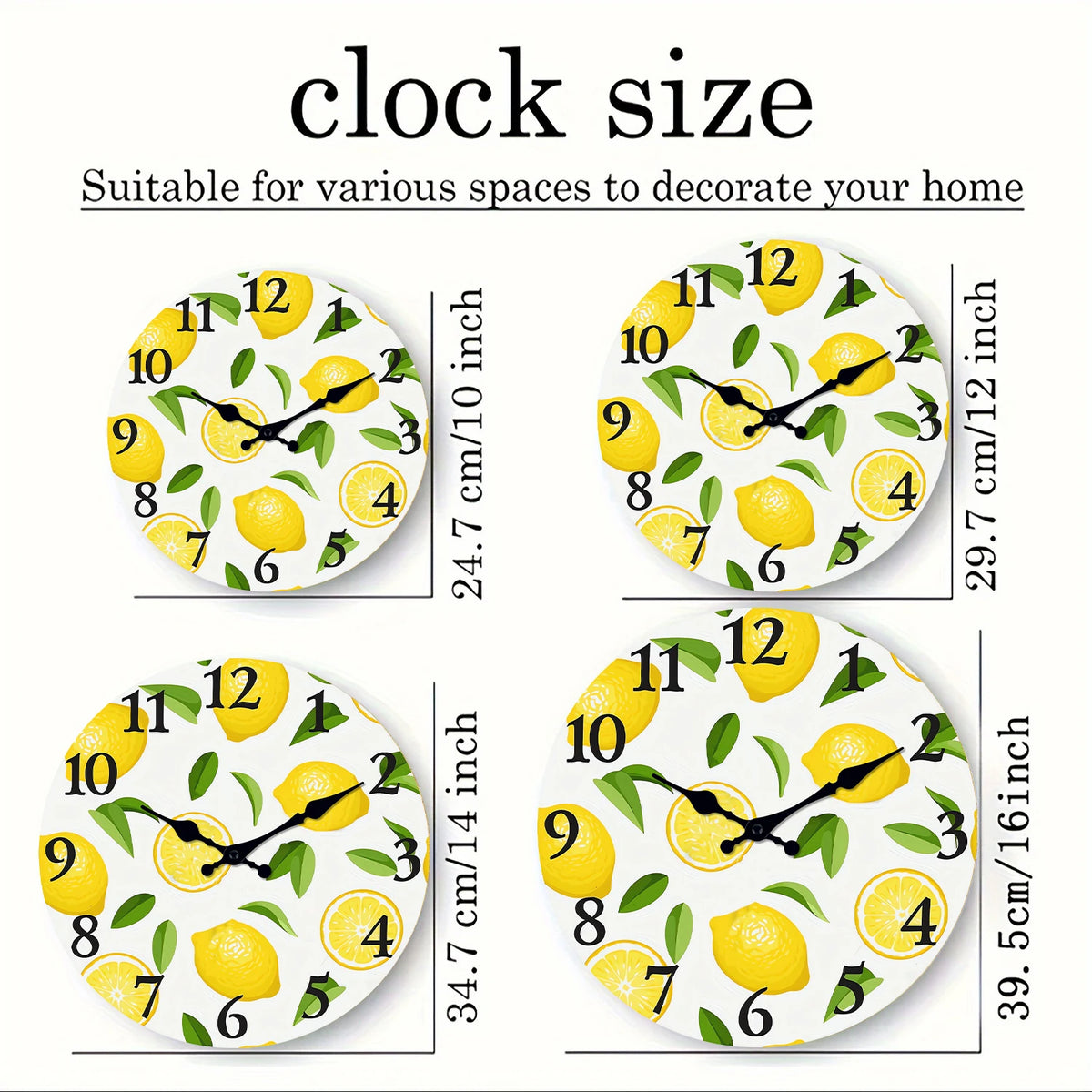 A set of four round wall clocks featuring yellow lemons and green leaves for home decor.