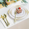 Elegant white and gold disposable dinnerware set with cutlery featuring a dessert and fruit