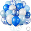 A pack of 30 chrome latex balloons in various shades of blue and white.