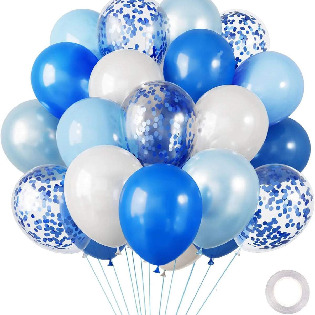 A pack of 30 chrome latex balloons in various shades of blue and white.