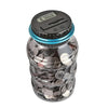A clear glass jar filled with coins, topped by a digital coin counting piggy bank with an LCD display.