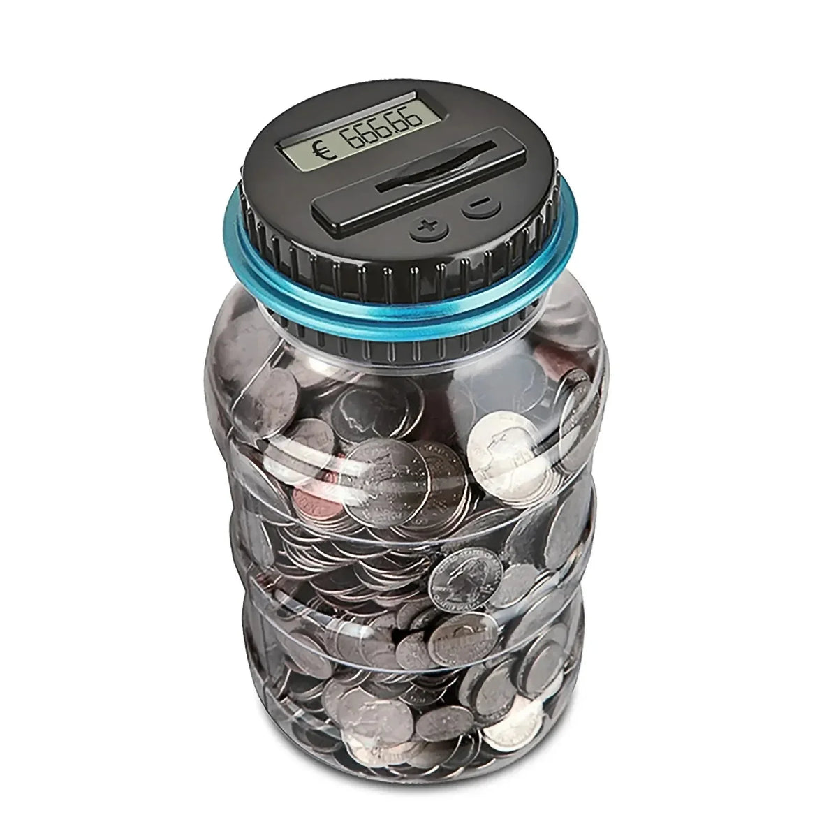 A clear glass jar filled with coins, topped by a digital coin counting piggy bank with an LCD display.