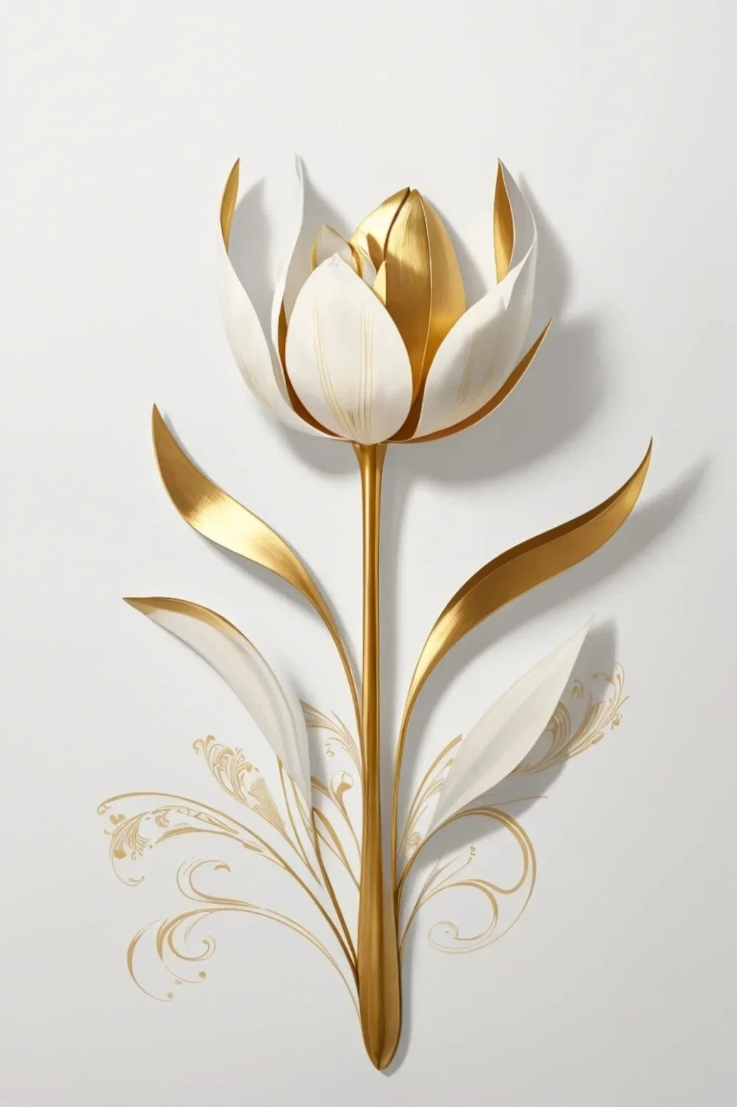 Arte floral de oro y blanco con un diseño de tulipán estilizado en una pared gris claro.