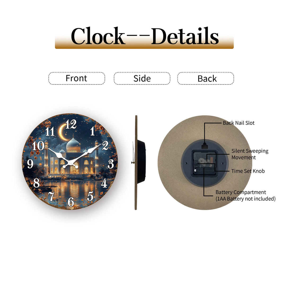Détails d'une horloge murale en croissant de lune islamique, vue de face, de côté et de dos.