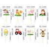 A collection of farm animal cake toppers featuring various animals like a cow, pig, and horse, mounted on wooden sticks.