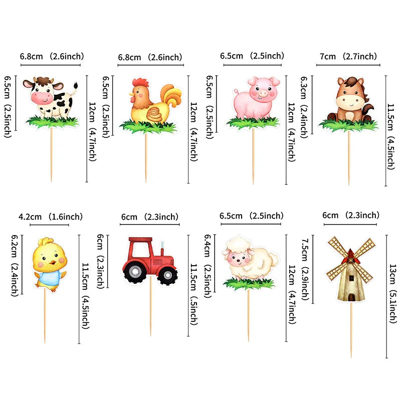 A collection of farm animal cake toppers featuring various animals like a cow, pig, and horse, mounted on wooden sticks.
