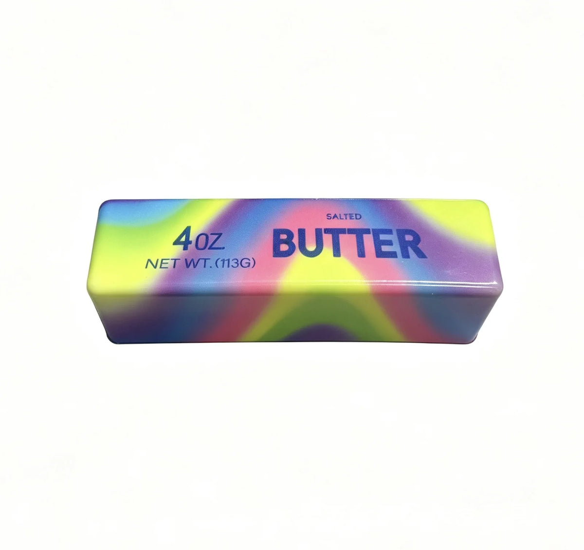 Bloc rectangulaire de beurre salé, 4 oz net, avec un design dégradé coloré.