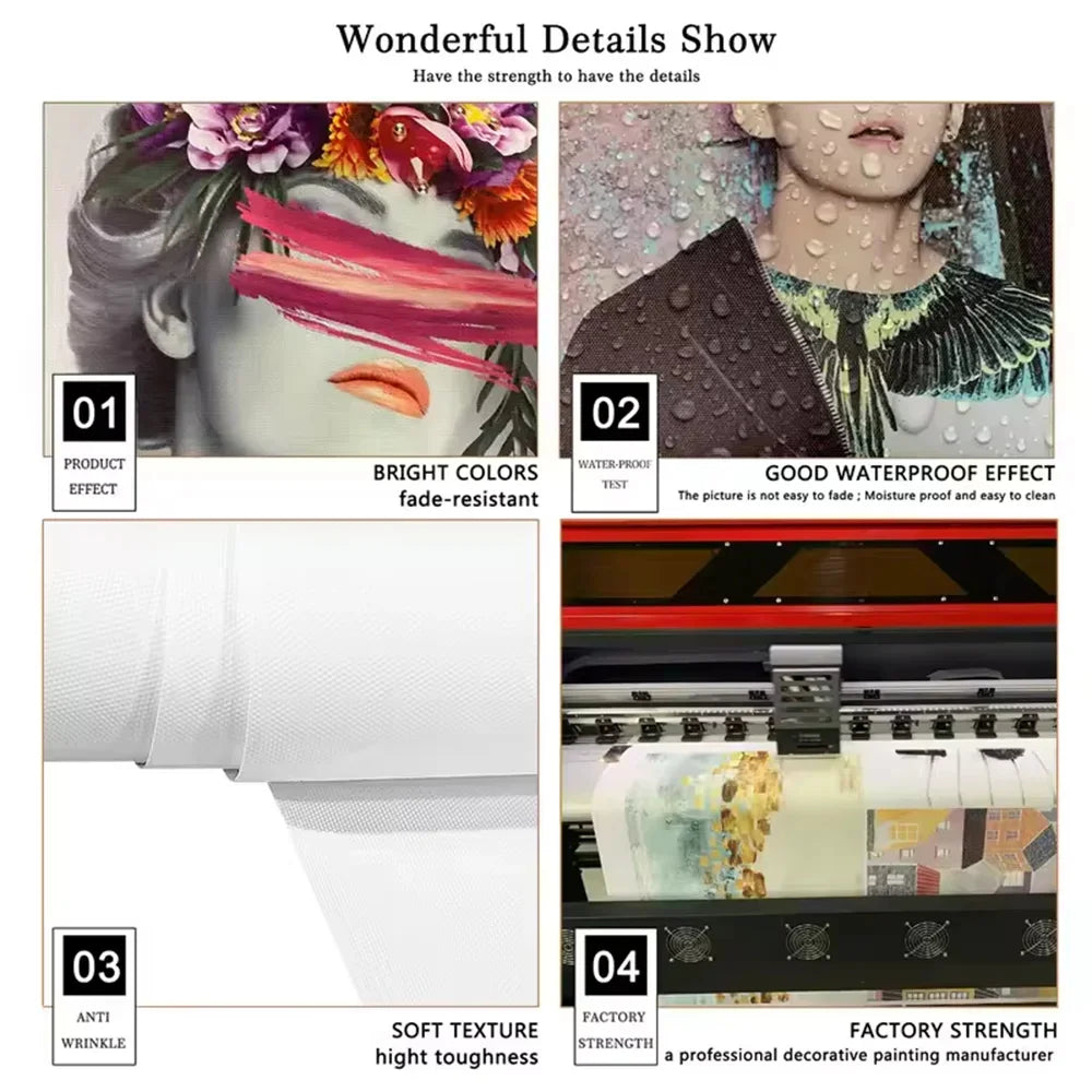 A four-panel display showing details of a product, including bright colors, waterproof test, soft texture, and factory streng