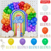 A colorful balloon garland arch kit featuring various colored balloons like red, orange, yellow, green, blue, and purple.