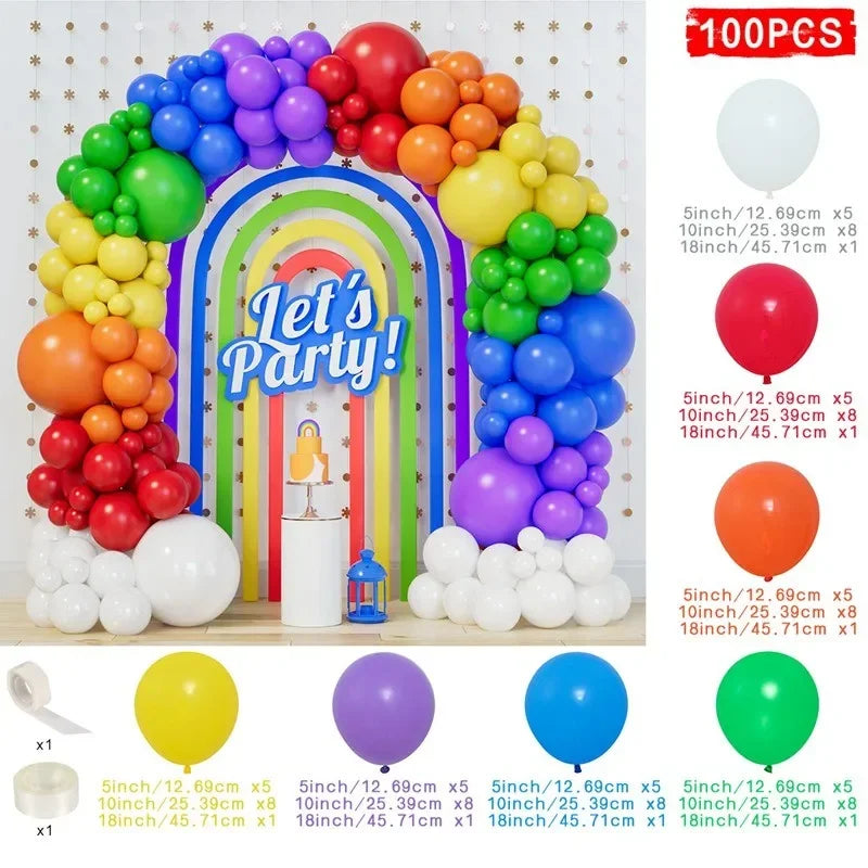 A colorful balloon garland arch kit featuring various colored balloons like red, orange, yellow, green, blue, and purple.