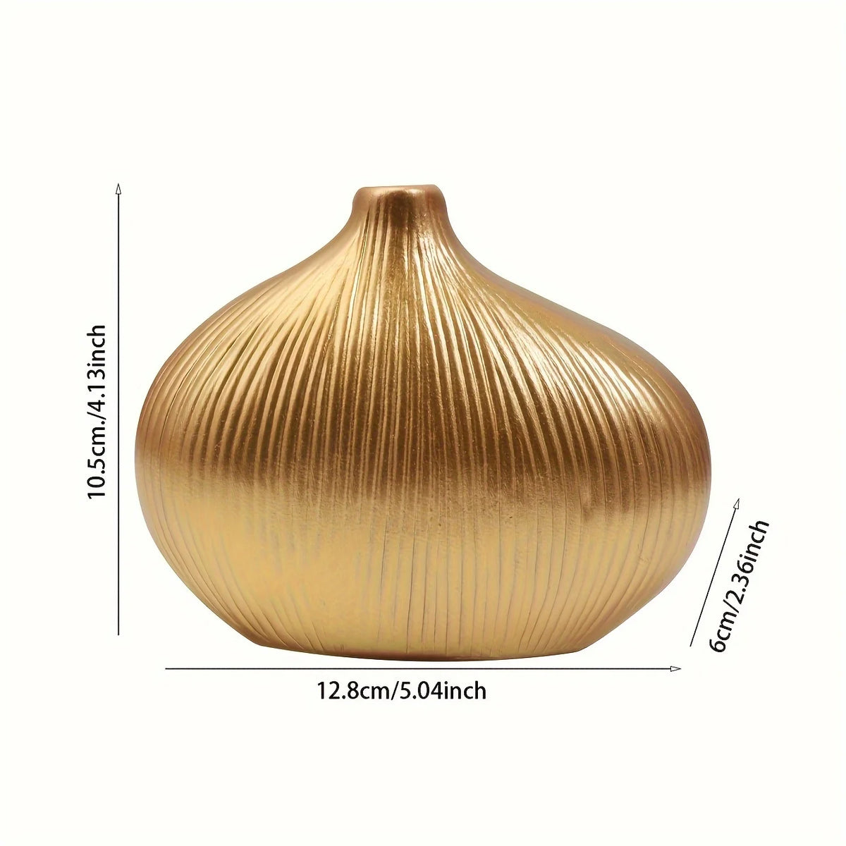 A golden striped resin vase with a gourd shape, shown from the side.