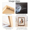 Four steps showing how to install a custom wooden photo frame with a press back nail.