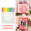 A set of floral love words stencils and stamps featuring pink roses on a card background.