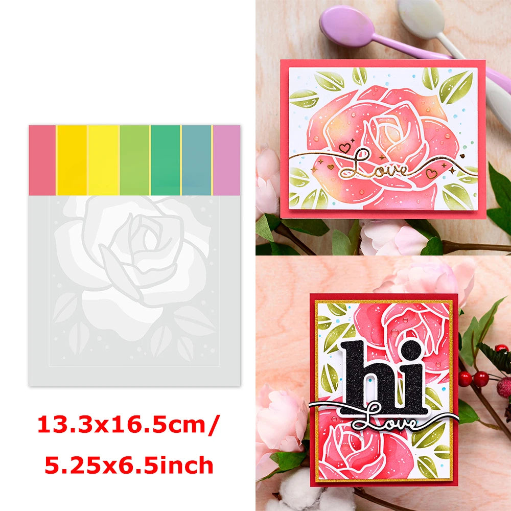 A set of floral love words stencils and stamps featuring pink roses on a card background.