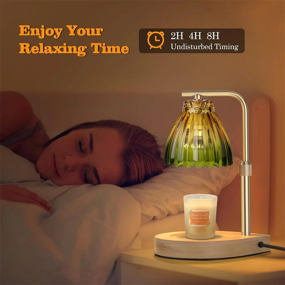 A woman is relaxing in bed next to an adjustable candle warmer lamp with a timer and dimmable light.
