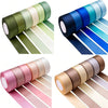 A set of satin silk ribbons in various shades of green, blue, pink, and beige rolled for crafting