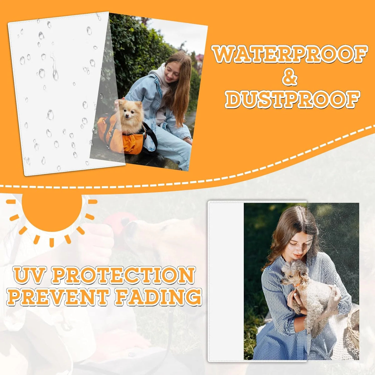 An orange magnetic picture frame displaying a dog, used for waterproof and dustproof protection.