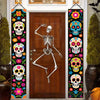 A set of three vertical banners featuring colorful Day of the Dead skulls and floral designs for Dia de Los Muertos decor