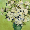 A still life painting featuring a bouquet of white roses in a green vase against a light green background.