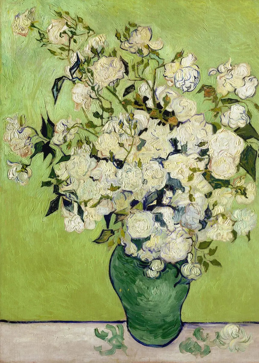 A still life painting featuring a bouquet of white roses in a green vase against a light green background.