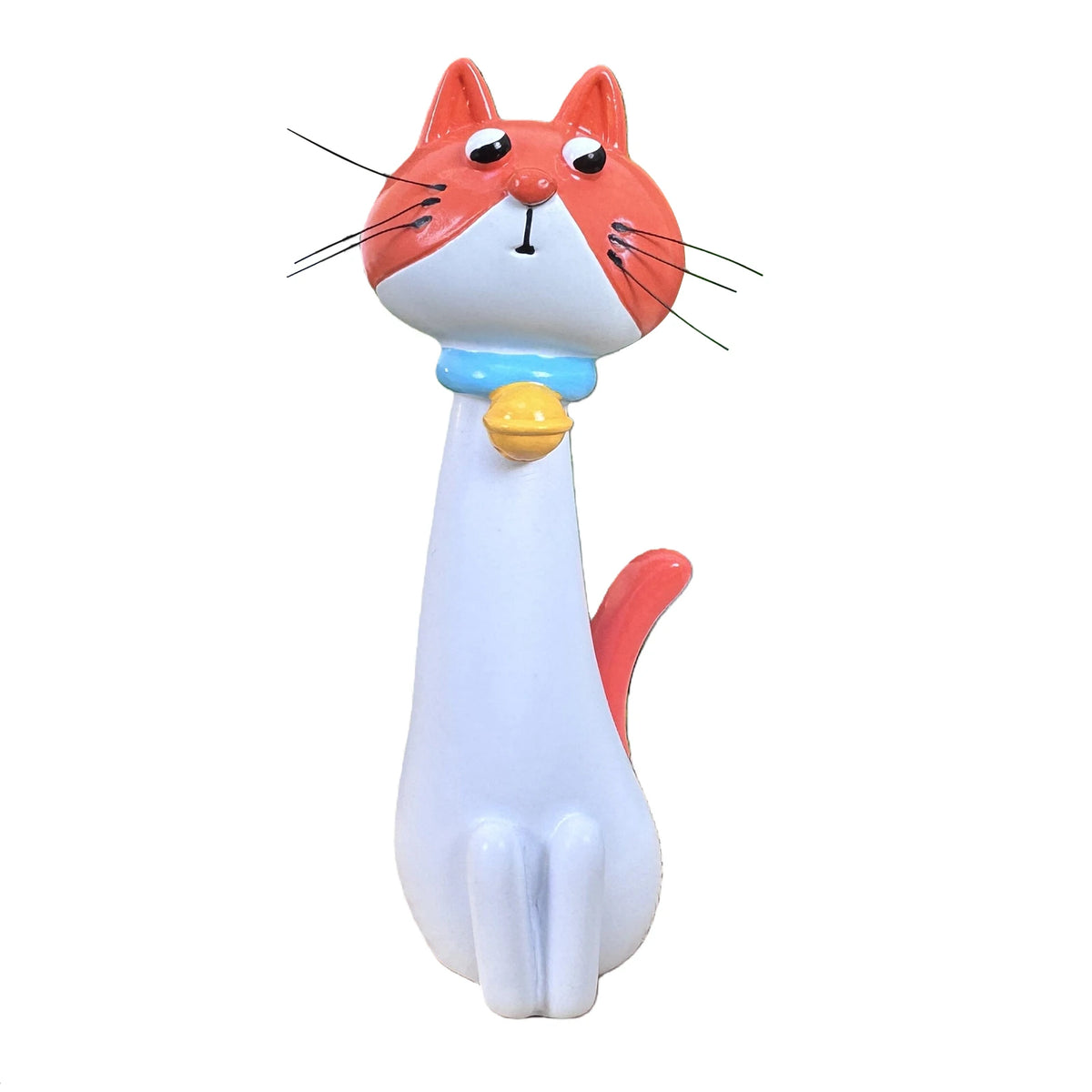 A whimsical resin cat figurine with orange and white fur, holding a yellow flower, standing on a white base.