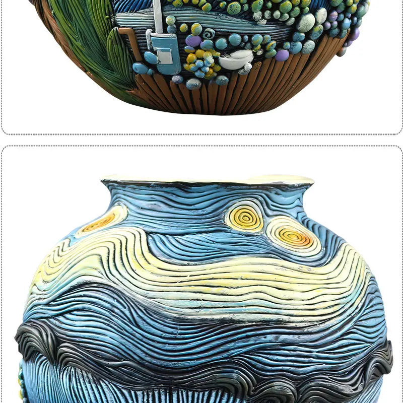 Blue and yellow resin vase with swirling patterns resembling a starry night sky