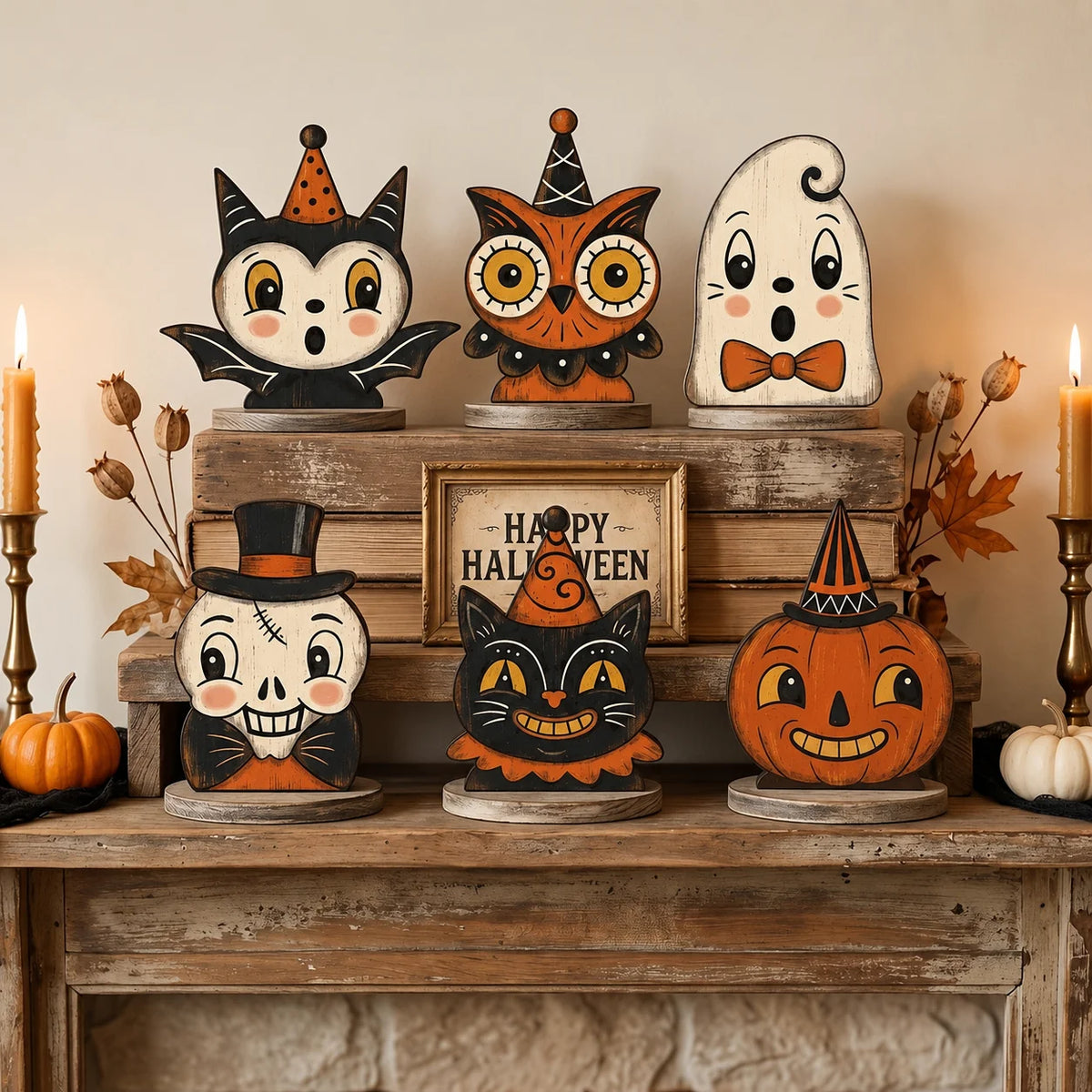 A wooden block Halloween decor set featuring carved faces of cats, owls, and pumpkins displayed on a rustic shelf.