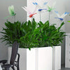 A display of realistic dragonfly hat clips in various colors, including green, pink, red, and blue, arranged in lush green fo