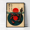 A canvas art print featuring a red sun over the ocean and a vinyl record with red fish flying around it.