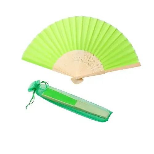 A bright lime green silk wedding hand fan with a natural bamboo frame.