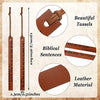 A set of brown leather bible bookmarks featuring braided tassels and biblical sentences.