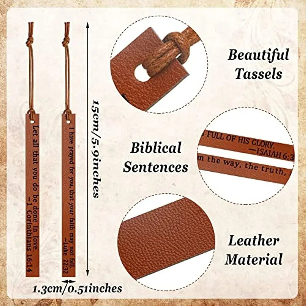 A set of brown leather bible bookmarks featuring braided tassels and biblical sentences.