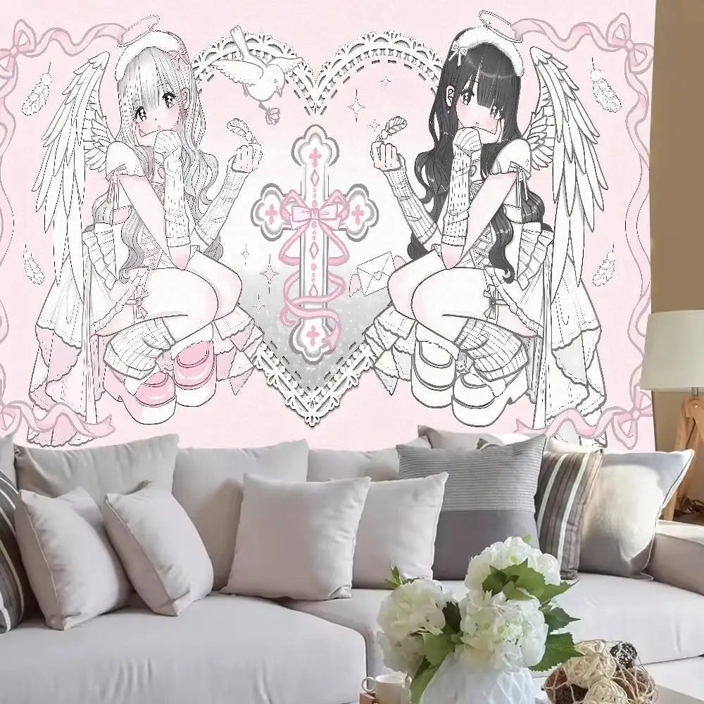Tapiz de pared anime con dos figuras aladas en contornos rosa y blanco