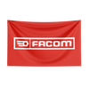 A red flag featuring a white logo with an arrow design and the text FACOM on a rectangular white background.