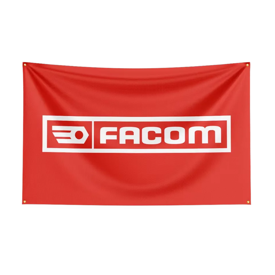 A red flag featuring a white logo with an arrow design and the text FACOM on a rectangular white background.